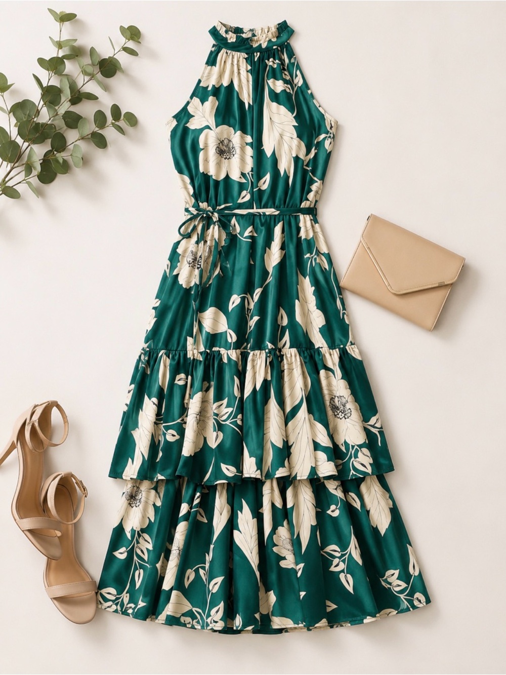 Sleeveless Green Floral Tiered Maxi Dress with optional Tie Waist size large